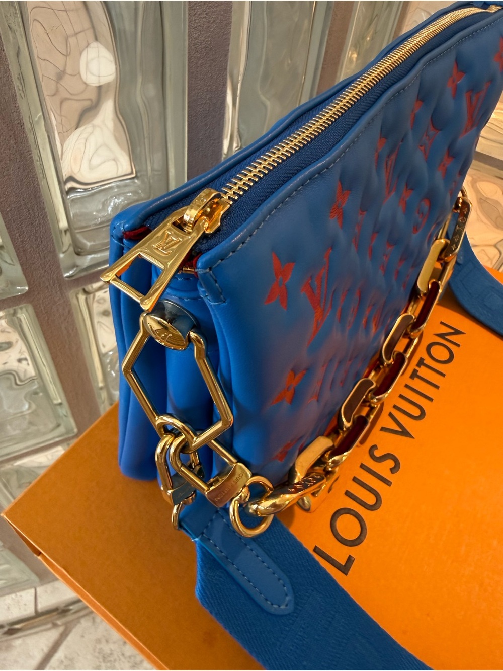 Louis Vuitton Blue & Red Quilted Monogram Coussin PM Bag with Gold Chain & Strap - Picture 4 of 14